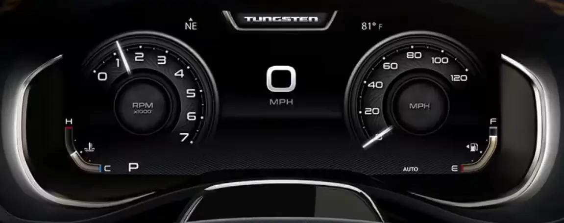 Chrysler Pacifica Tungsten trim digital instrument cluster showing RPM and speedometer gauges